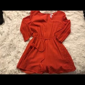 Orange linen rhomper with embroidered detail